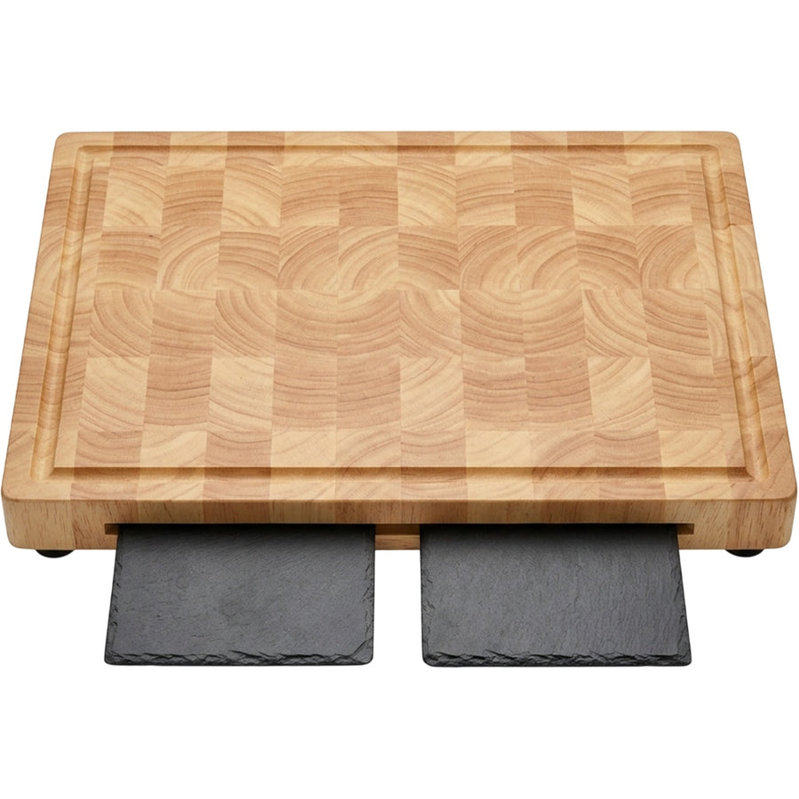 Mjvkg End-Grain Rubberwood Cutting Board with Two Trays 42 x 30 cm Natural Slate